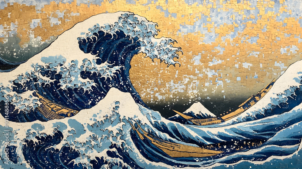 Poster Dramatic and Powerful Oceanic Wave Crashing Against Shoreline with Turbulent Motion,Energy and Splashing Foam in a Majestic and Sublime Natural Landscape
