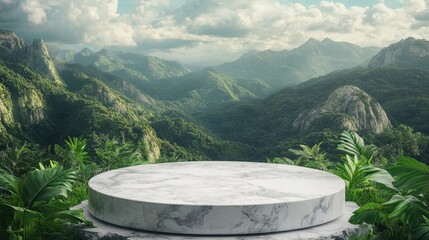 Fototapeta premium Minimalist marble podium set in lush green mountain scenery, perfect for showcasing natural products, surrounded by greenery and copy space.