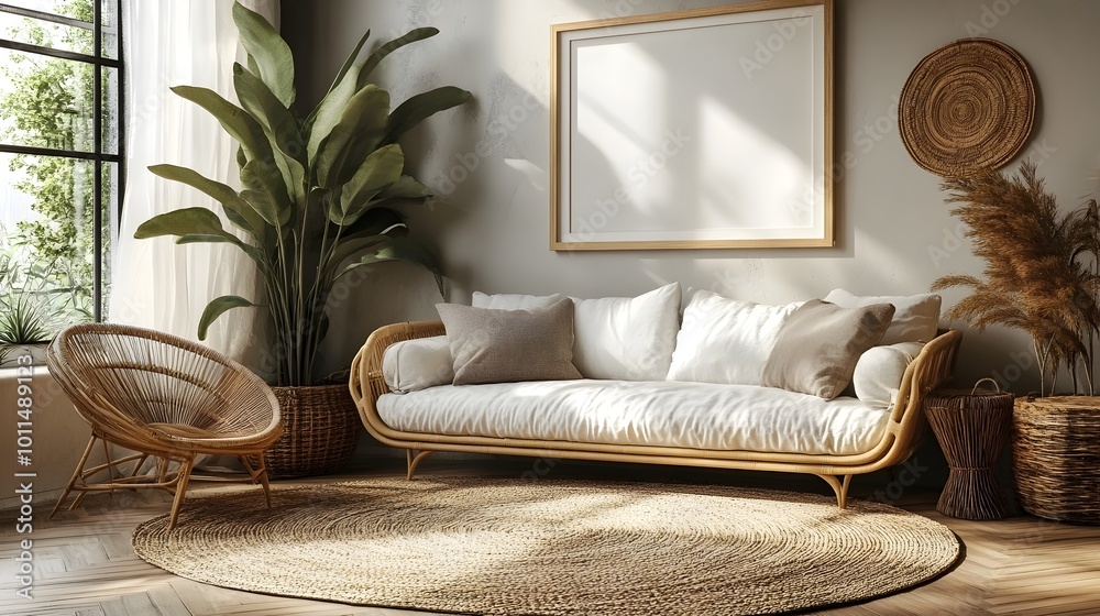 Poster elegant and modern white frame mockup displayed in a contemporary living room setting featuring clea