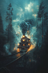 Old steam engine traveling through a dark cool toned burning forest, smoke, sparks and flames from the engine to the mountains