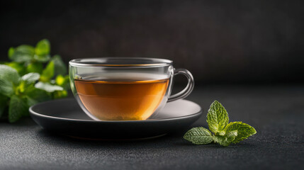 A warm glass of peppermint tea served with fresh mint leaves on a dark background creating a calming atmosphere