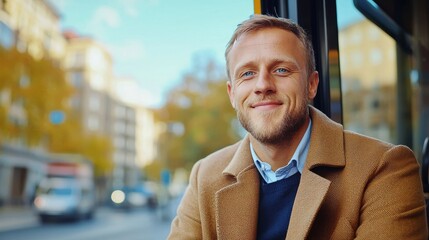 The portrait shows a happy businessman boarding a bus to reduce air pollution, taking public transportation to work