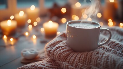 A cup of hot chocolate resting on a knit sweater, surrounded by glowing candles and fairy lights. Steam rising softly, creating a warm and serene scene.