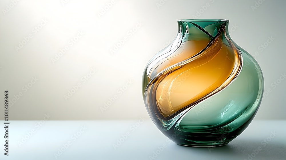 Poster elegant swirling glass vase with amber and green tones on a minimalist tabletop display. the unique 
