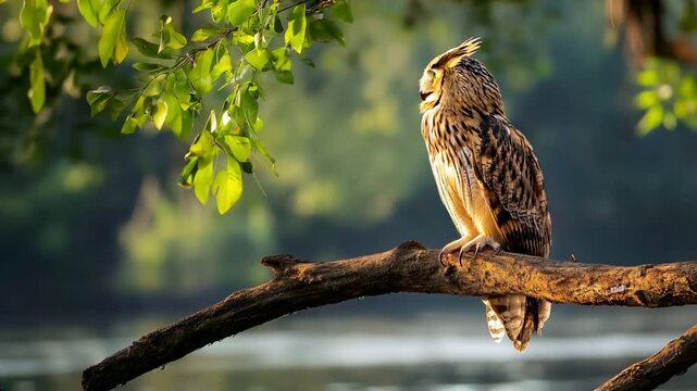 Buffy Fish Owl as it perches gracefully on a sturdy branch, scanning its surroundings with keen intent