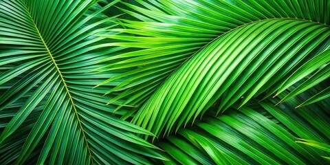 A close-up view of a vibrant green palm leaf, showcasing the intricate details of its veins and texture. The light filters through the leaves, creating a sense of depth and tranquility.