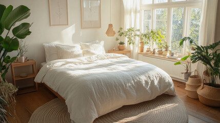 Fototapeta premium Bright and airy bedroom with plants and natural light in a cozy, relaxed setting