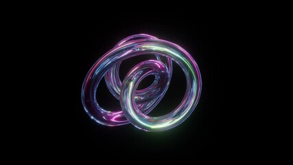 seamless 3d animation. Fantastic glass knot, surreal tangled torus, reflecting neon light, slowly spinning and rotating, transforming and changing shape. Geometric object isolated on black background
