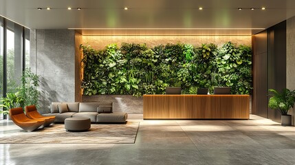 modern eco friendly office space featuring lush living green wall designed to promote employee wellness ,environmental sustainability in the workplace
