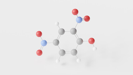 dinitrophenol molecule 3d, molecular structure, ball and stick model, structural chemical formula nitro derivatives of phenol
