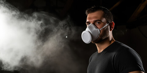 Portrait Professional construction worker wearing a high-grade dust mask, floating particles of glass wool dust in air, construction site