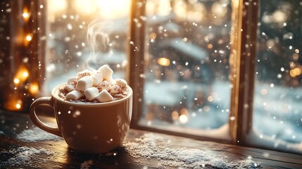 A cup of hot chocolate with marshmallows on a wooden table near a window covered in frost, snowflakes visible outside. Warm indoor lighting, steam softly swirling above the cup.