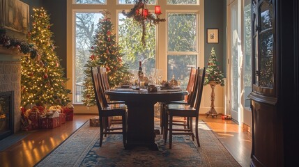 An inviting dining space with a wine glass on the table, surrounded by charming Christmas trees, and warm light pouring through clear windows.