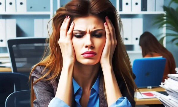 a woman strokes her head and is stressed because of the large amount of work piling up in the office