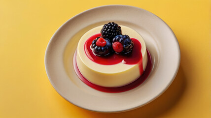 Elegant Panna Cotta Italian Dessert with a Smooth and Creamy Texture on a Yellow Backdrop.