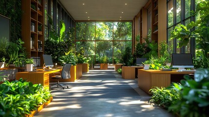 office space with lush green plants sustainable ,nature friendly corporate environment workspace for business productivity ,employee wellbeing environmental responsibility in business esg