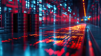 oil barrels with fluctuating stock market graph representing oil supply dynamics