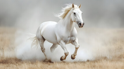 Obraz premium Majestic white stallion galloping at full speed through a lush,green grassland meadow in a scenic outdoor setting. The powerful horse is running freely,showcasing its grace,strength,and energy.