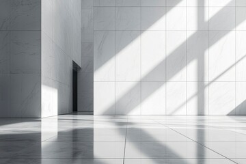 White Marble Tiled Room with Sunlight and Shadows