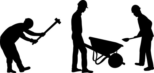 working builders silhouette on white background, vector