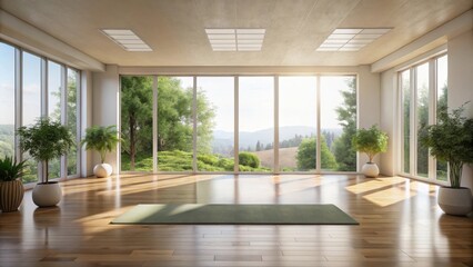 Fototapeta premium A spacious room with large windows and a green yoga mat, bathed in the warm glow of sunlight streaming in from a lush, green forest view.