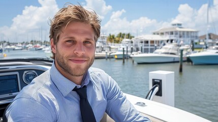 Beautiful businessman driving an electric car on an urban road. Successful entrepreneur rides an electric vehicle at city. Young man traveling to work at sunny day.