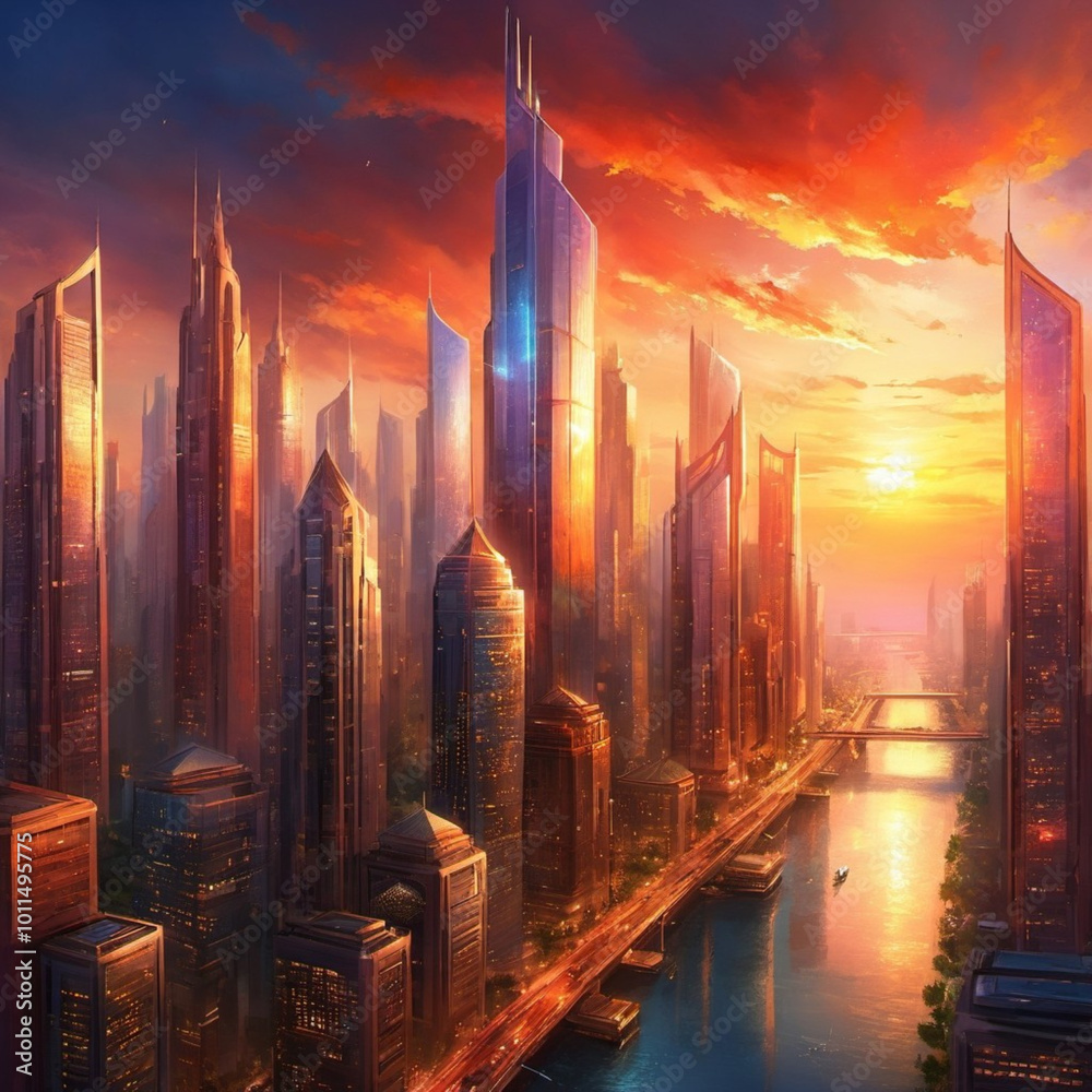 Poster a breathtaking sunset casts a warm glow over towering skyscrapers in a vibrant metropolis, creating 