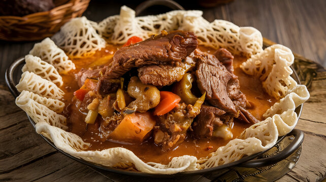 Qursan is a dish of thin, crispy flatbread soaked in a rich meat and vegetable stew, topped with tender meat pieces, offering a hearty, flavorful, and comforting meal.






