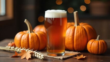 A refreshing glass of amber beer surrounded by pumpkins and autumn leaves on a rustic wooden table during fall season