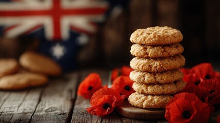 A stack of Anzac biscuits with red poppies and a blurred Australian flag in the background.