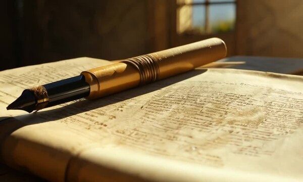Medieval Scroll and Quill on a Wooden Table