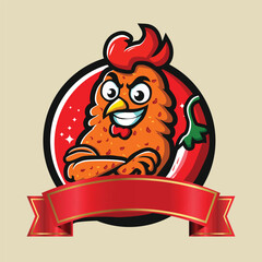 Cartoon Character Logo Chicken. Cartoon of a cute rooster with a chili pepper on the side. Vector logo illustration.