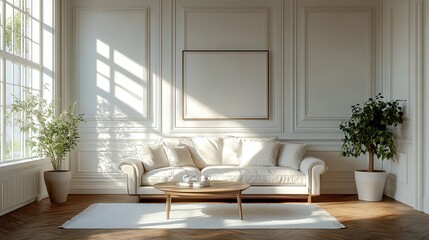 Fototapeta premium Home living room interior with sofa and coffee table, molding wall 