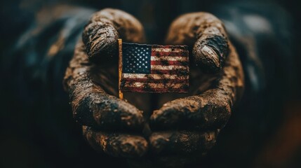 A close-up of veteran-weathered hands holding a small American flag, with soft lighting creating a sense of reflection and pride 