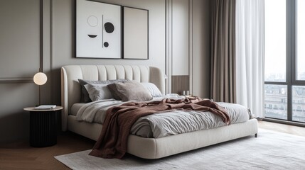 Modern bedroom with minimalist design, featuring a cozy bed and stylish decor.
