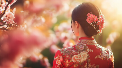 A woman wearing a traditional Chinese qipao, standing in a garden with blooming cherry blossoms, soft sunlight filtering through the trees, vibrant red and gold colors, serene and cultural atmosphere
