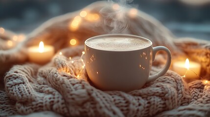 A steaming cup of hot chocolate on a cozy knit sweater, surrounded by small candles and delicate fairy lights. Warm and inviting atmosphere, soft light creating a serene mood,