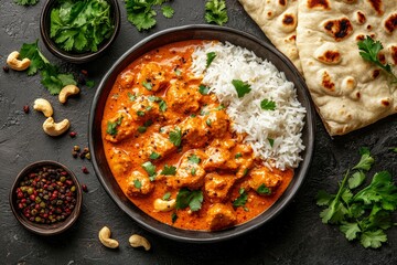 Chicken Curry with Rice, Naan, and Cashews