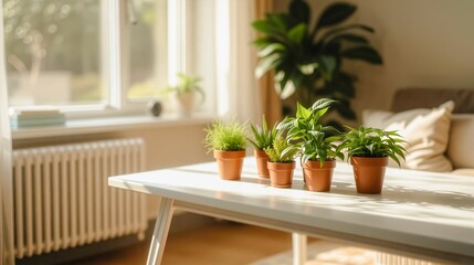 Fototapeta premium Cozy Living Room with Potted Plants, A warm and inviting living room scene featuring a white coffee table adorned with four terracotta potted plants. The plants create a visually pleasing line.