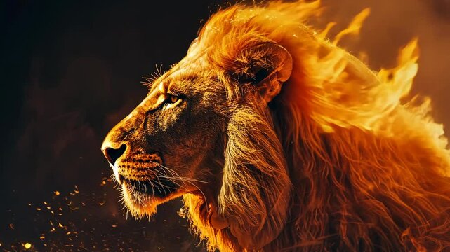 A fiery lion with a mane of flames stands in a dark and dramatic setting