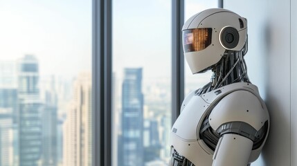 A futuristic robot gazes out of a high-rise window overlooking a modern city skyline, symbolizing artificial intelligence and future technology..