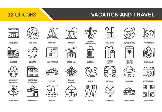 Vector set of vacation and travel flat line web icons. Each icon with adjustable strokes neatly designed on pixel perfect 48X48 size grid. Fully editable and easy to use.