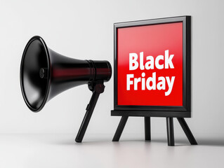 Exciting Black Friday sale announcement with megaphone and vibrant display board