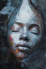 A middle-aged Black woman face softly blending into a translucent silver drop of color, with her form dissolving into the abstract minimalist background.