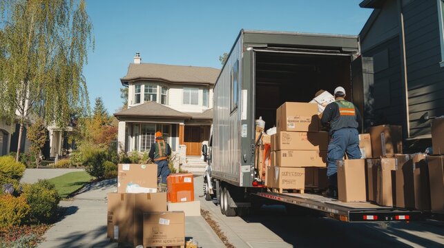 A moving truck is parked in a suburban neighborhood. Workers are loading boxes into the truck, highlighting the busy nature of relocation. Perfect for logistics and home transition concepts. AI