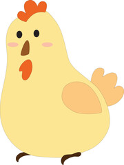 cute cartoon little yellow chick, hen with wings, comb, tail, stock vector, white background