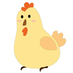 cute cartoon little yellow chick, hen with wings, comb, tail, stock vector, white background
