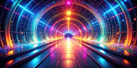 Obraz premium A futuristic tunnel with glowing neon lights, sparkling particles, and a bright, colorful pathway leading to an unknown destination.