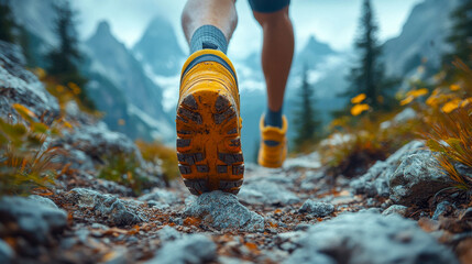 Close-up of a runner's shoes on a rugged mountain trail, with vibrant autumn foliage and towering mountains in the background, symbolizing outdoor adventure