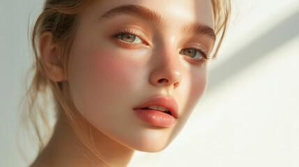 Naklejka premium Beauty cosmetics magazine photo featuring a young adult Caucasian woman with smooth skin and natural pink lips, soft lighting highlighting her features.